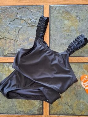 Girl's Black Ruffle-Strap Bikini
